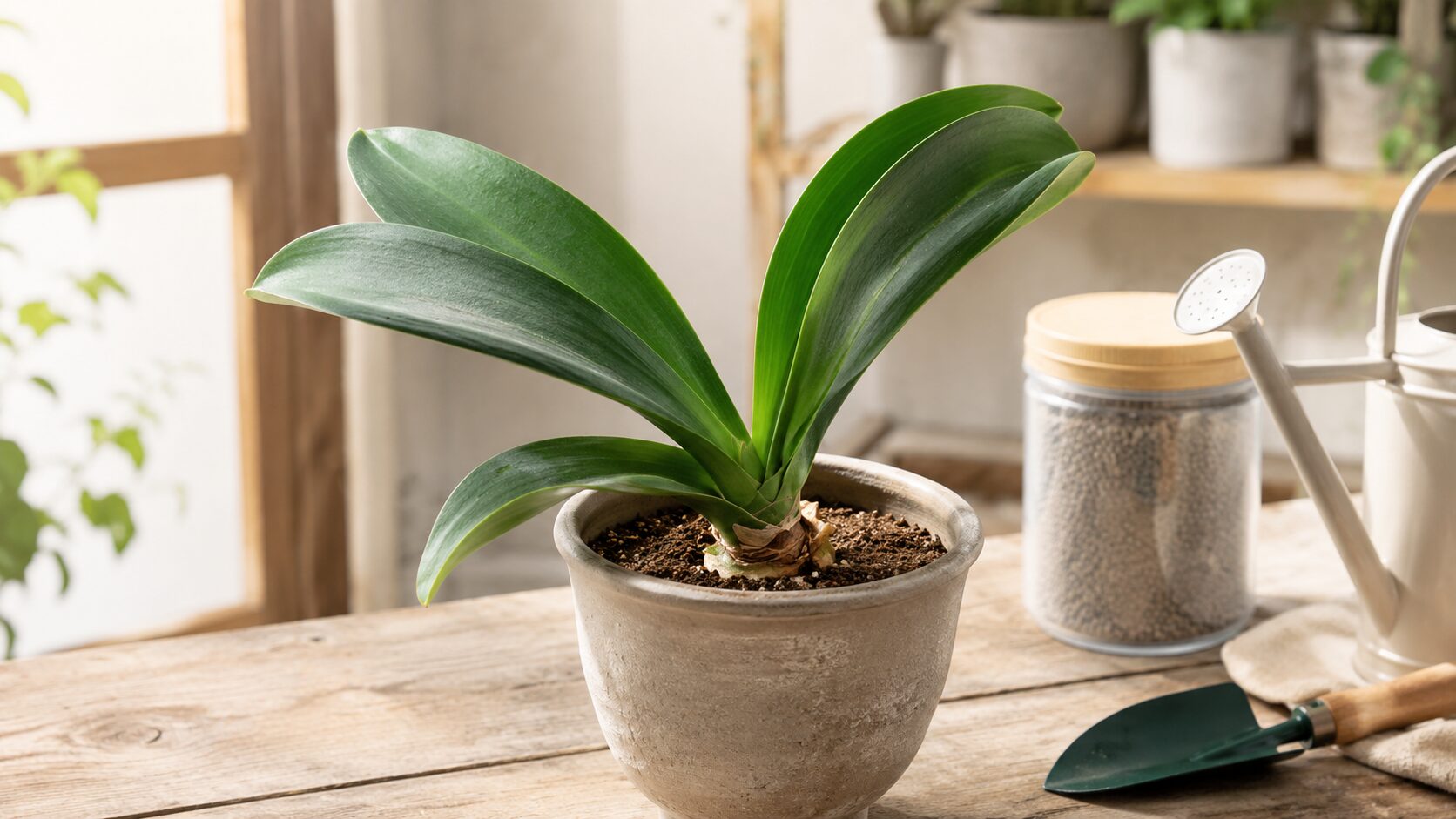 室内の明るい場所に置かれたマユハケオモトの鉢植えと園芸道具を写した、花が咲かない原因をイメージした見出し画像