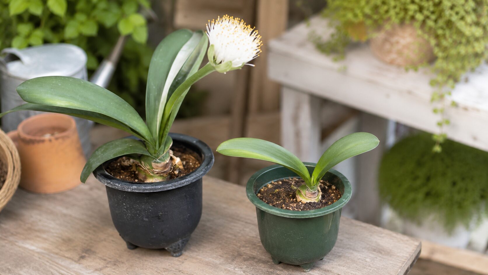 花が咲いた成熟株のマユハケオモトと小さな若株を並べ、開花時期と株の成熟度の違いを表した見出し画像