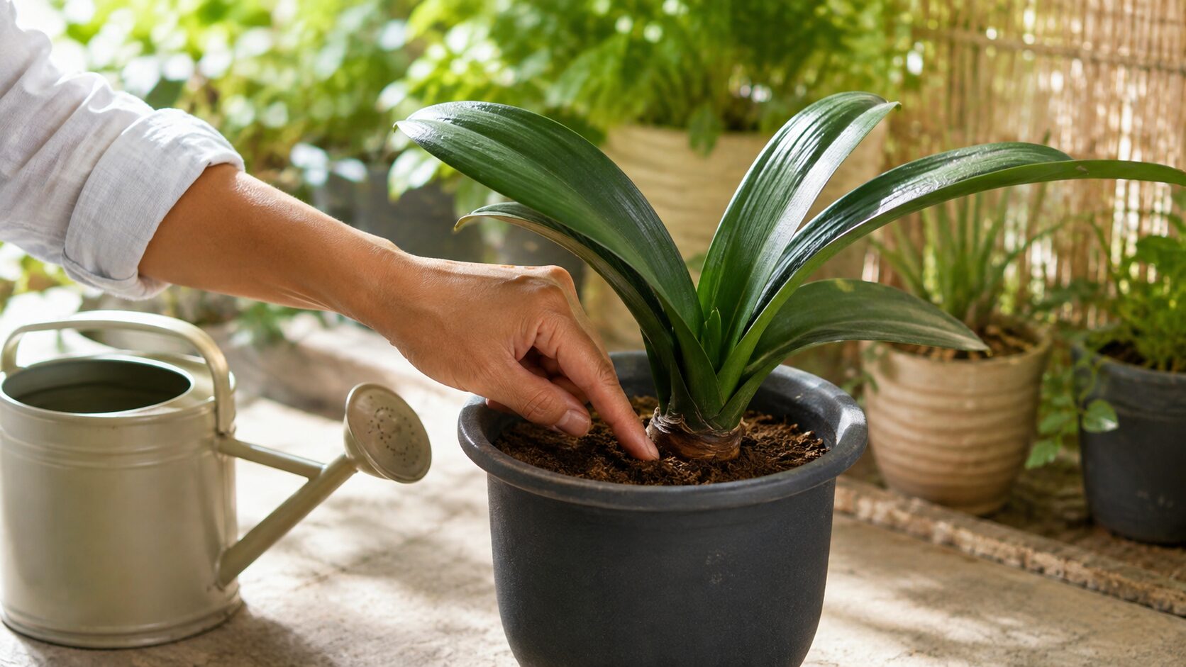 指で土の乾き具合を確かめるマユハケオモトの鉢植えとジョウロを写し、水やりと夏の管理を表現した見出し画像