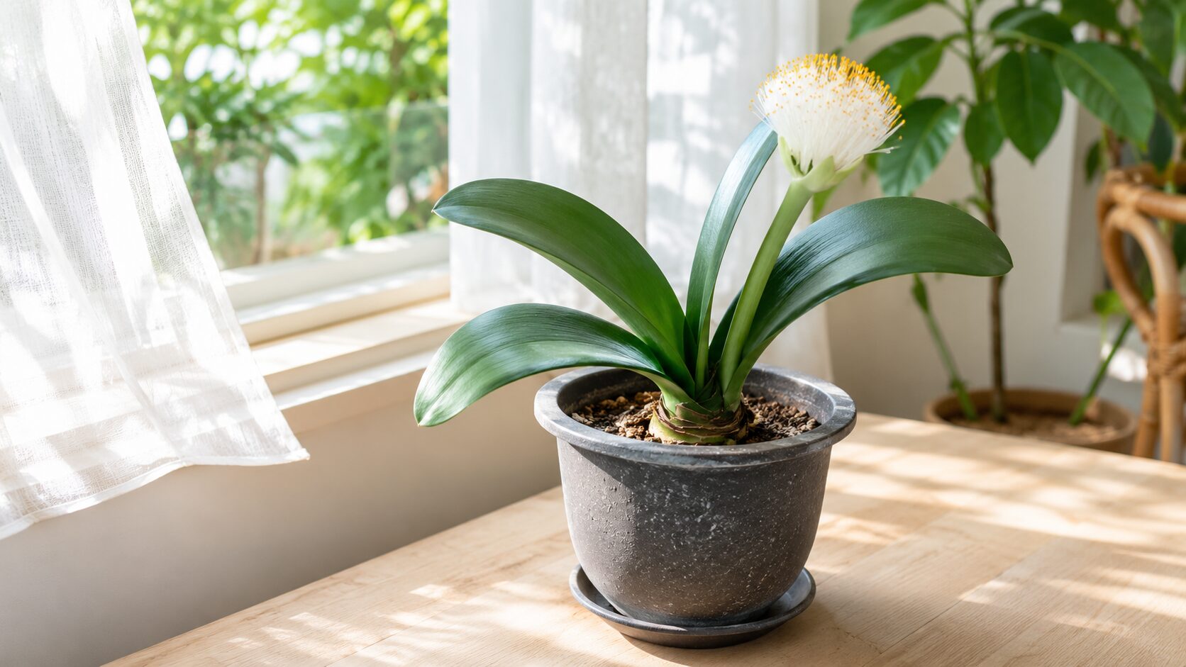 明るく風通しの良い窓辺で育つマユハケオモトの鉢植え。花を咲かせるための日当たりと置き場所を表した画像