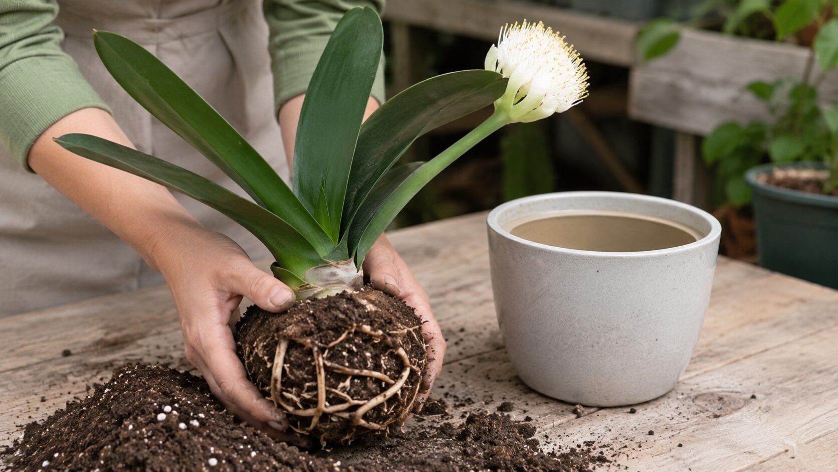 マユハケオモトを鉢から抜いて根鉢を確認し、新しい鉢へ植え替える準備をしている様子