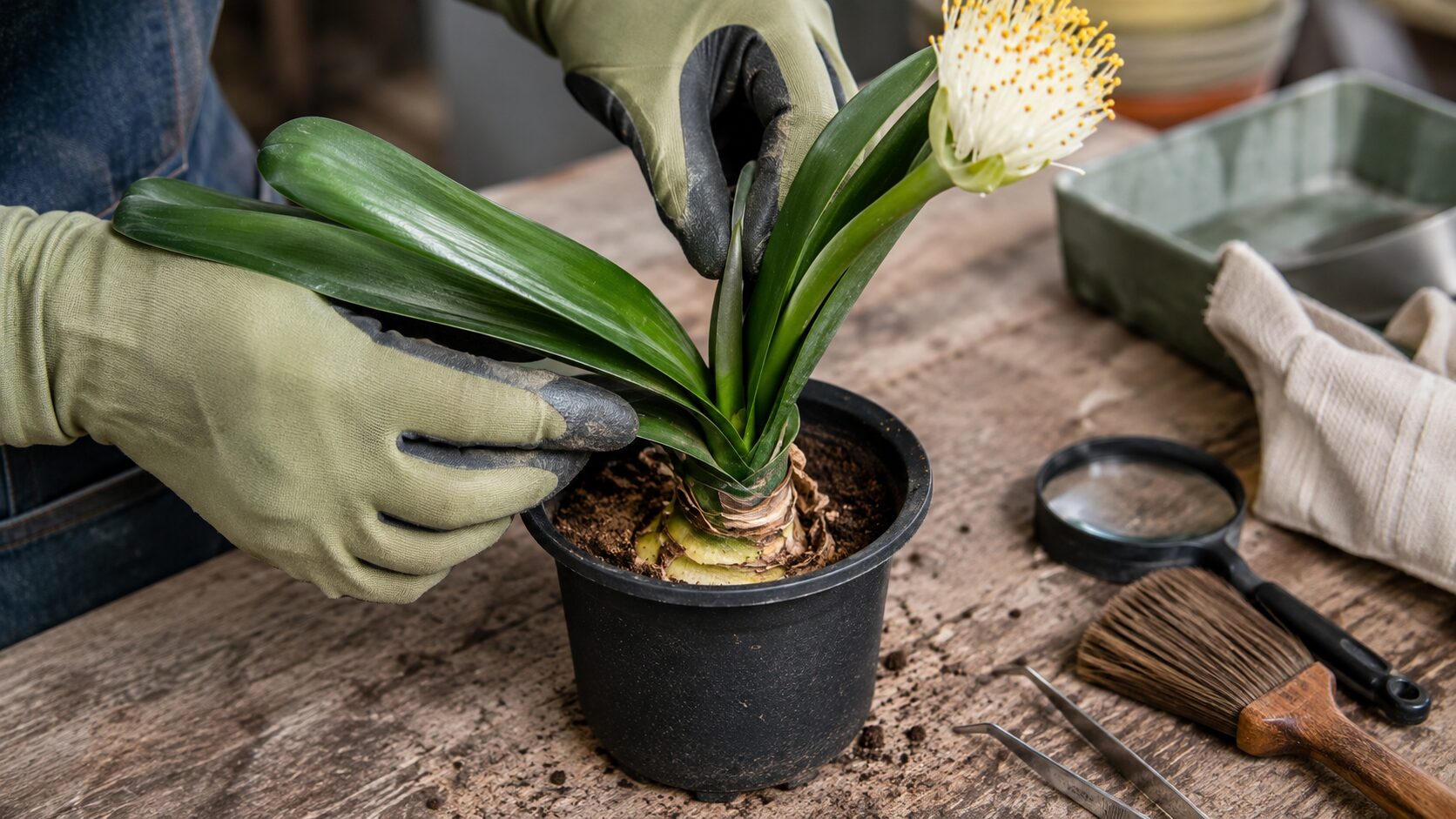 手袋をした手でマユハケオモトの葉と球根周辺を点検し、病害虫や球根の状態を確認している画像