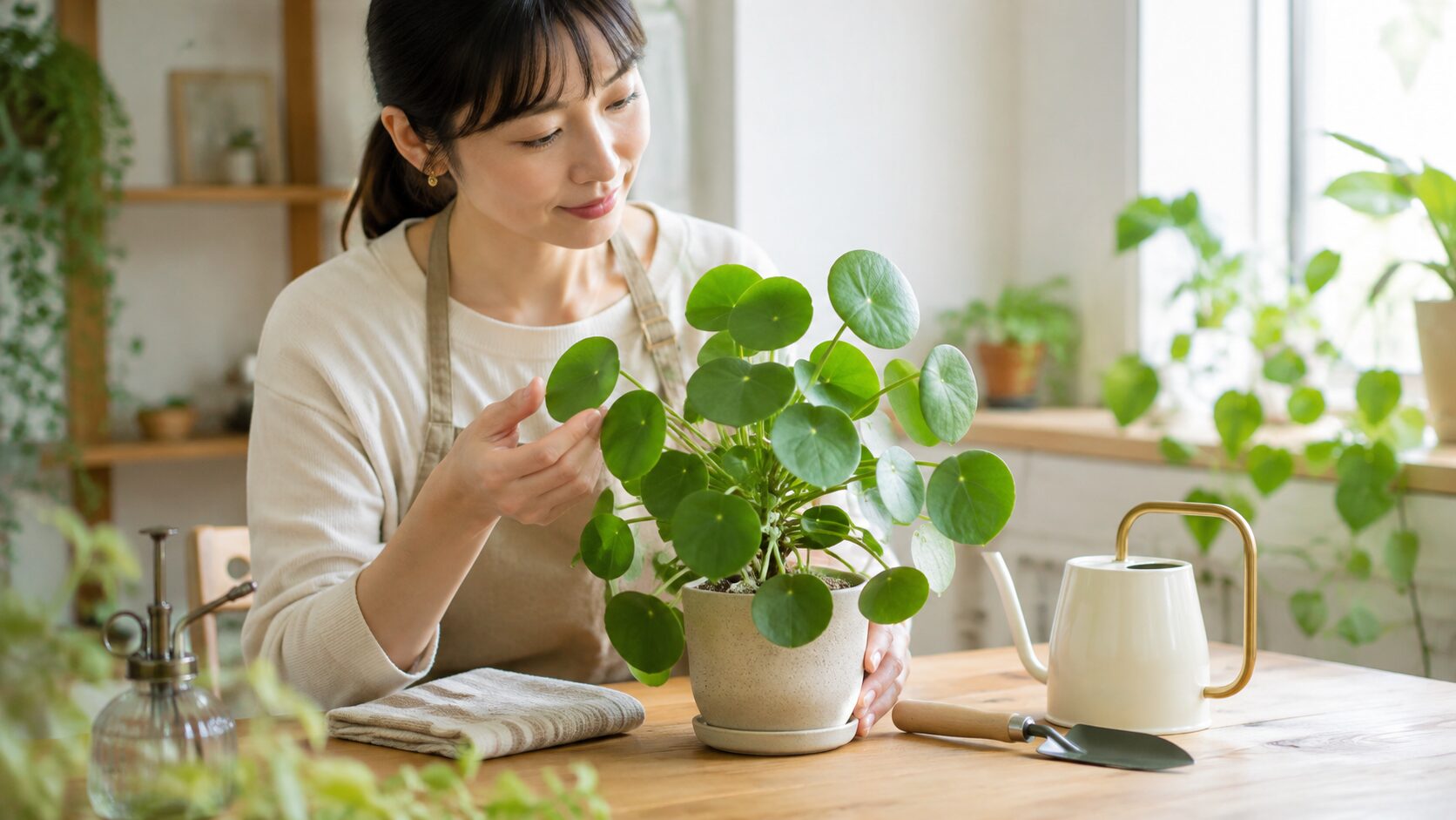 室内で日本人女性がピレア・ペペロミオイデスの丸い葉を確認しながら、葉が丸まる時の対処をイメージできる様子