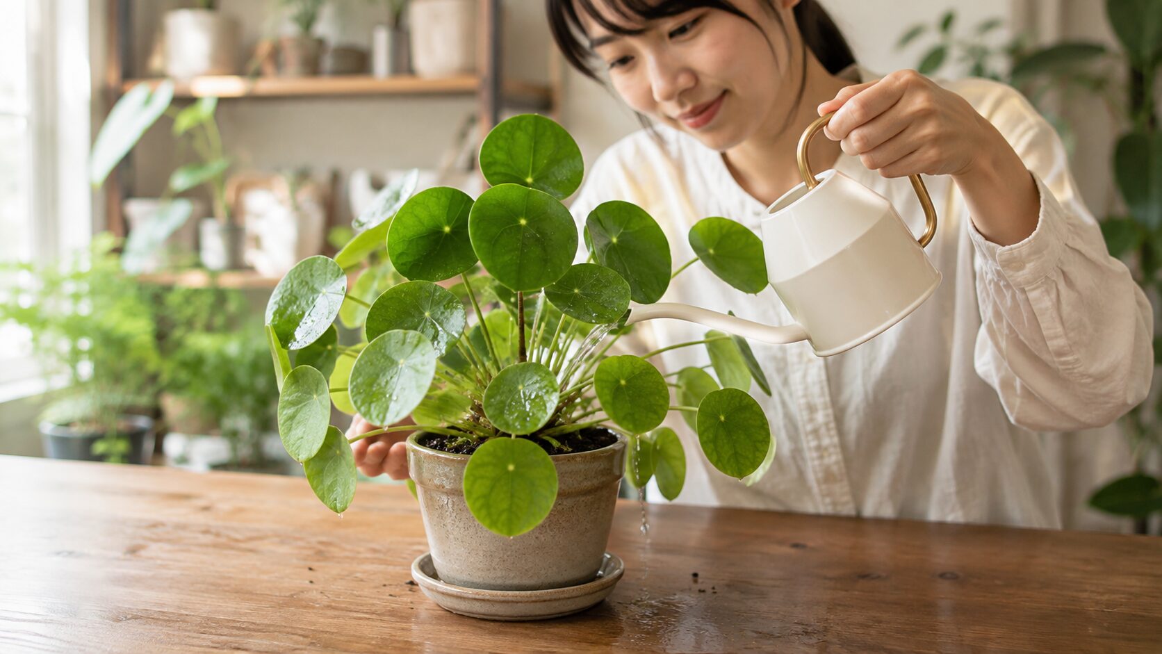 日本人女性がジョウロでピレア・ペペロミオイデスに水やりし、葉が丸まった時の正しい水管理を表した様子