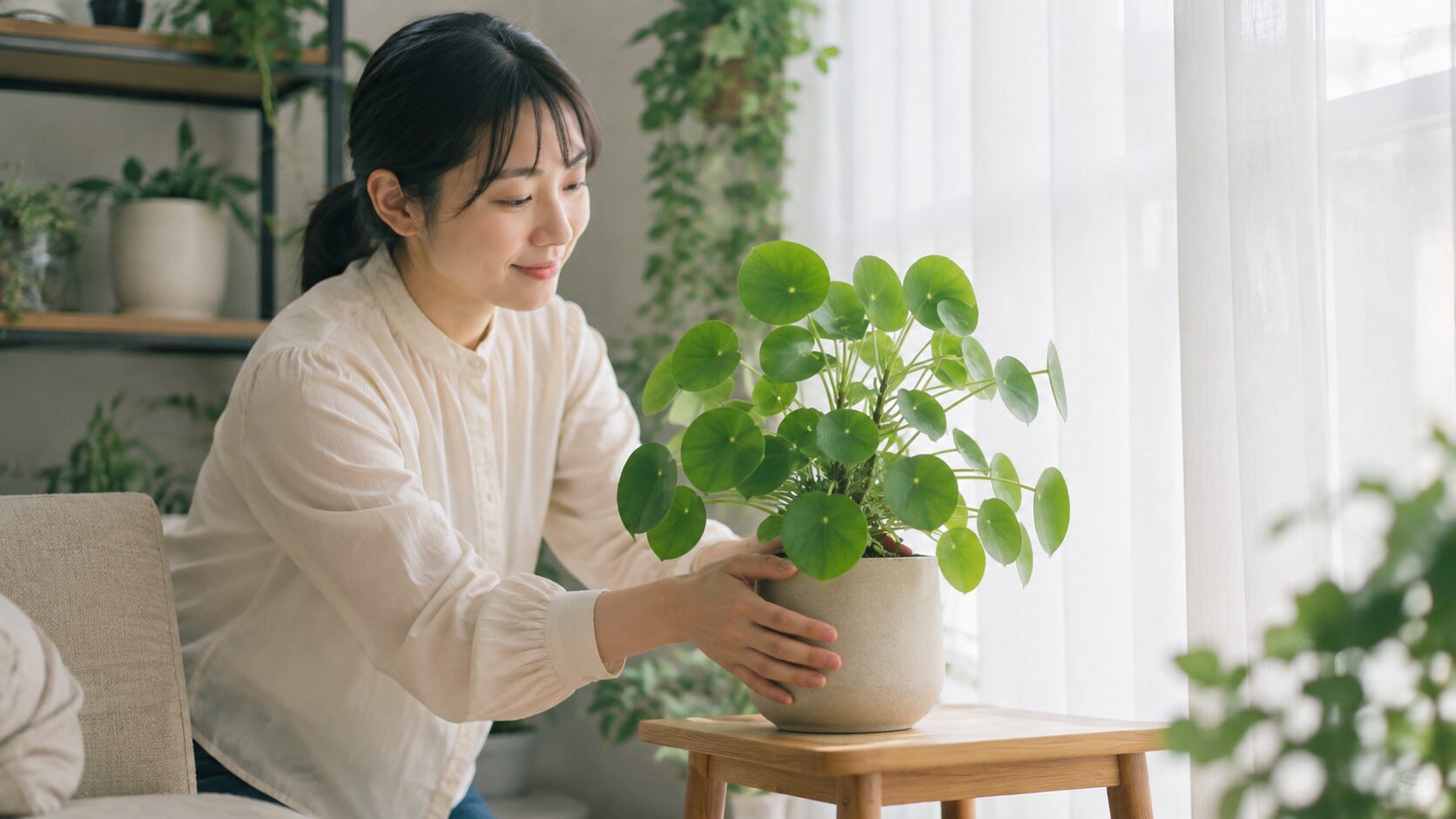明るい窓辺で日本人女性がピレア・ペペロミオイデスの置き場所を整え、日当たりを見直している様子