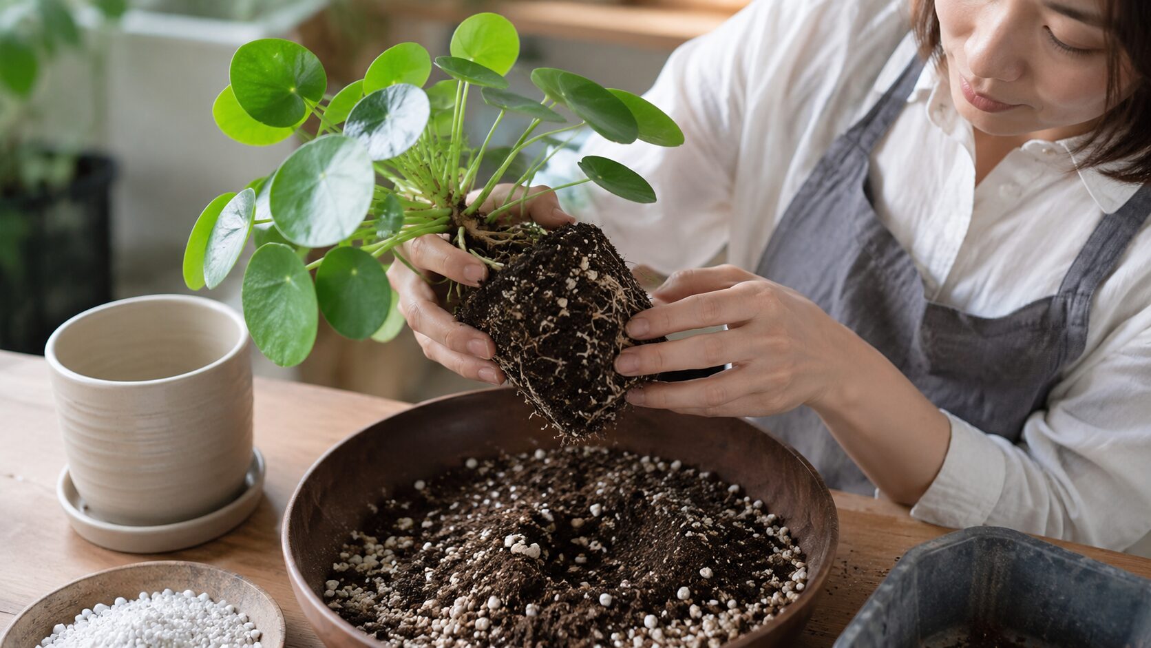 日本人女性がピレア・ペペロミオイデスを鉢から抜き、根を確認しながら植え替え用の土を準備している様子