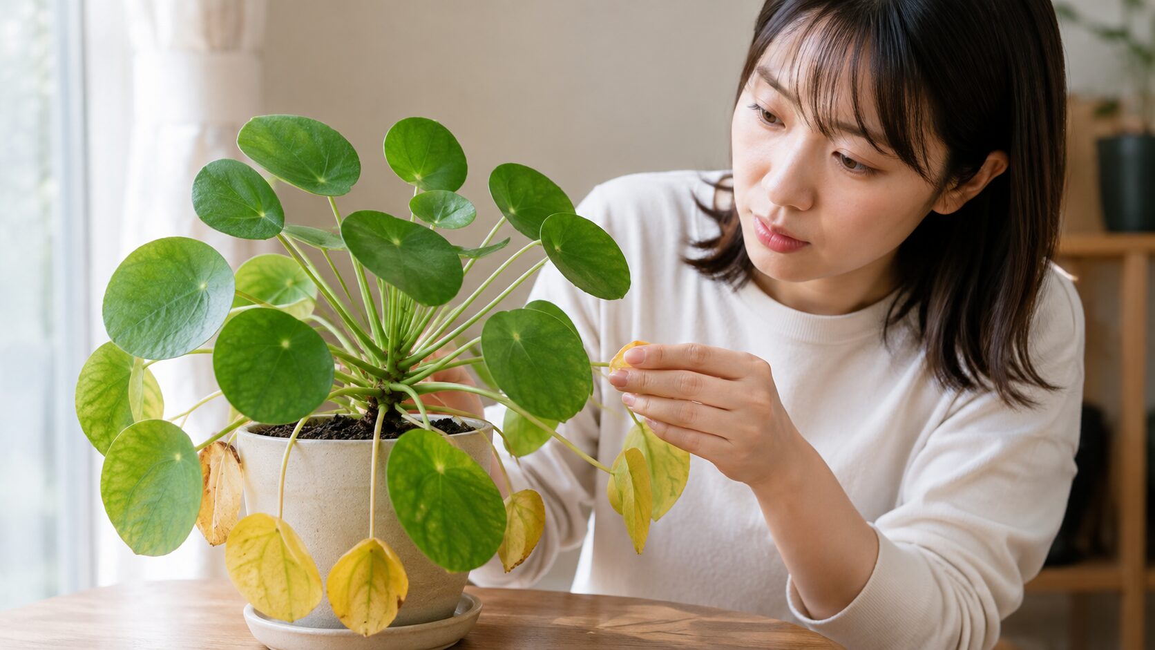 日本人女性が黄色く垂れた葉のあるピレア・ペペロミオイデスを観察し、不調の症状を確認している様子