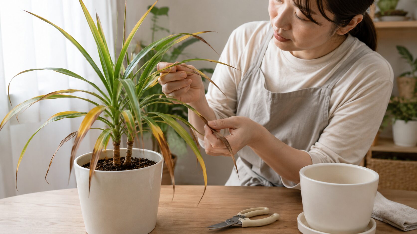 葉先が茶色くなったドラセナの原因を確認し対処する様子