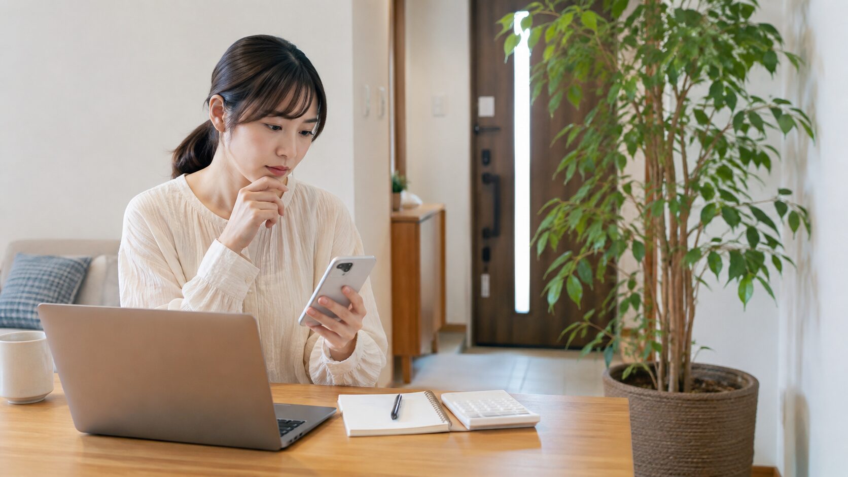 観葉植物の不用品回収業者の料金をスマホやパソコンで比較する女性