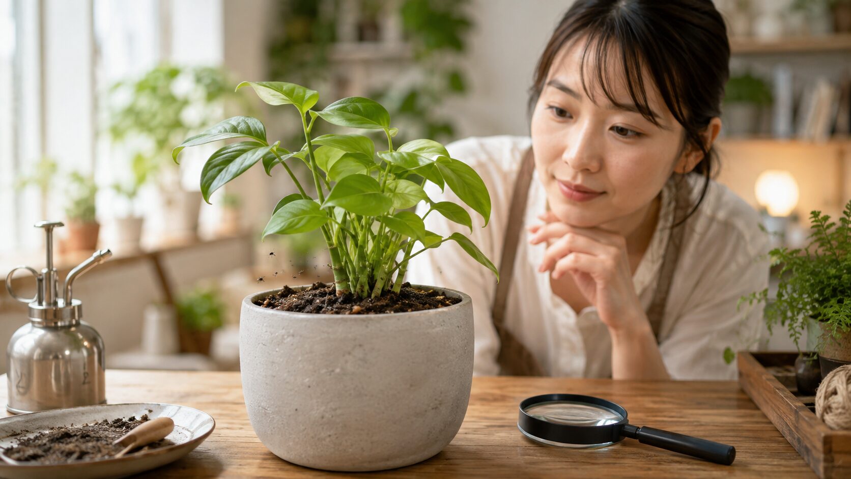 室内で観葉植物の鉢土をのぞき込み、小さな虫の発生を確認している様子を写した画像。観葉植物の土に虫がわく原因や種類をイメージできる見出し画像