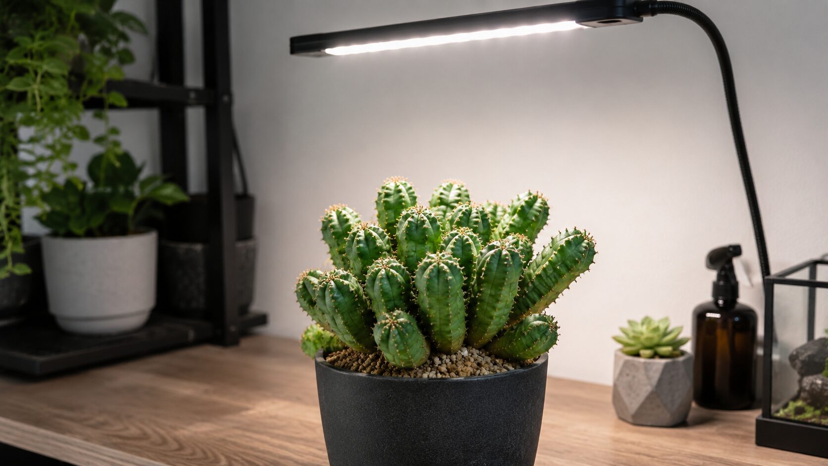 植物育成LEDの下でオベサブロウを管理している実写画像。室内で光不足を補う育て方が分かる写真