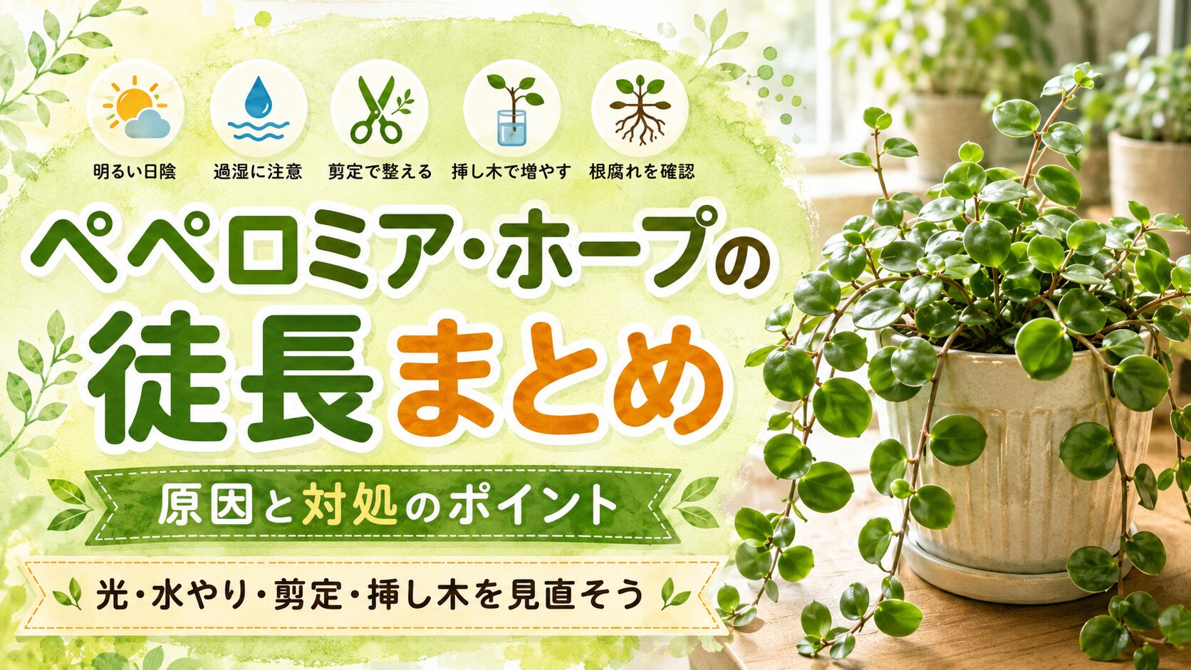 ペペロミア・ホープの徒長の原因と対処法をまとめた解説画像