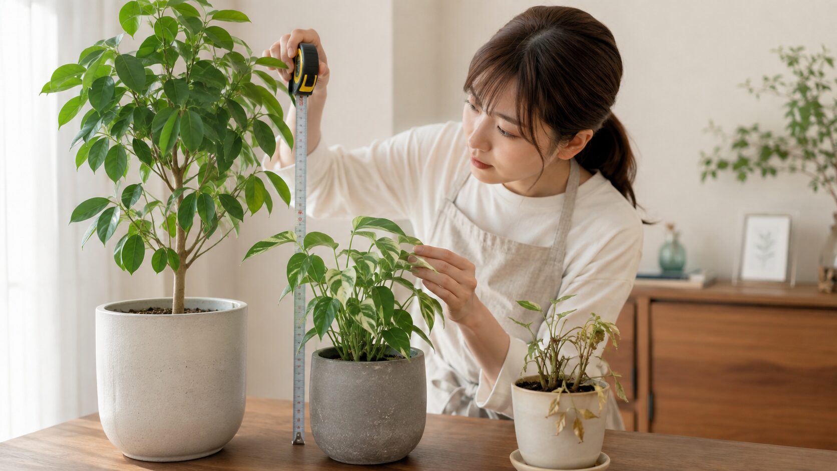 観葉植物のサイズと生育状態を確認して買取査定する女性