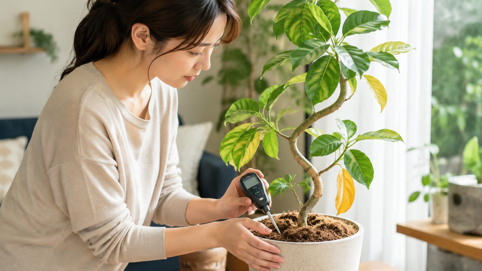 ウンベラータの土の水分を確認して根腐れと水不足を見分ける様子