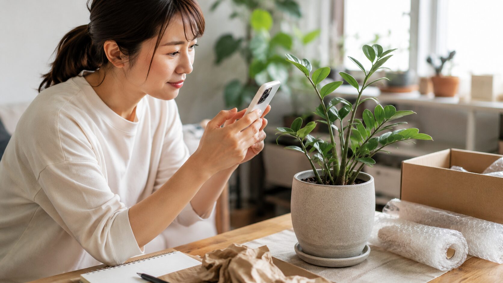 観葉植物の里親募集や譲渡のためスマートフォンで写真を撮る女性