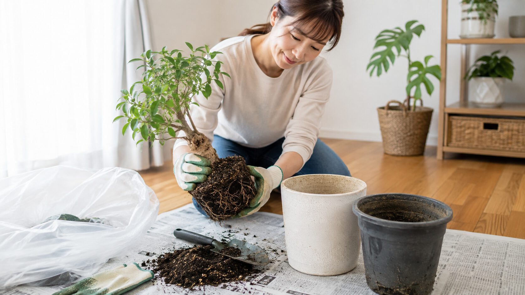 観葉植物を鉢から抜き土と植木鉢を分けて処分準備する様子