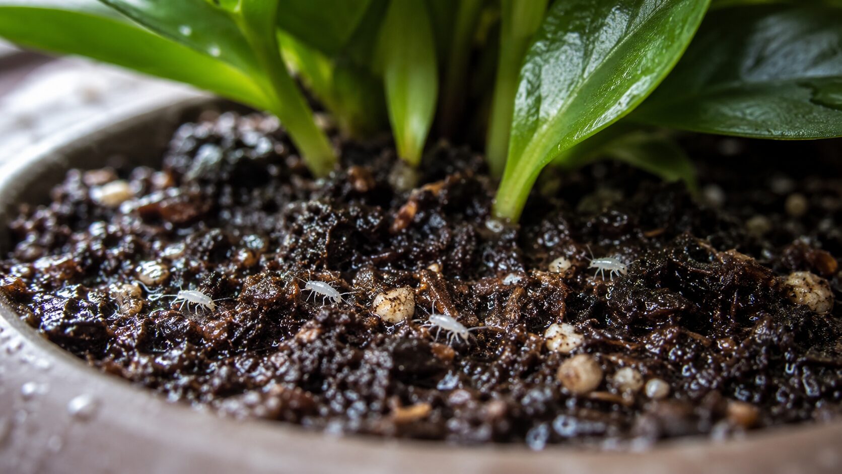 湿った観葉植物の土の表面を歩く白い小さな虫を接写した画像。白い虫がトビムシなどかどうか見分ける内容をイメージできる見出し画像