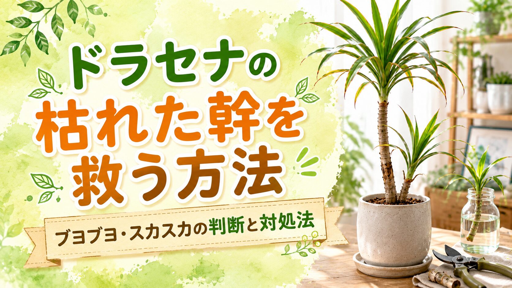 ドラセナの枯れた幹の対処法をテーマに、鉢植えのドラセナと挿し木、剪定ばさみを背景に、枯れた幹を救う方法とブヨブヨ・スカスカの判断と対処法を分かりやすく示したアイキャッチ画像