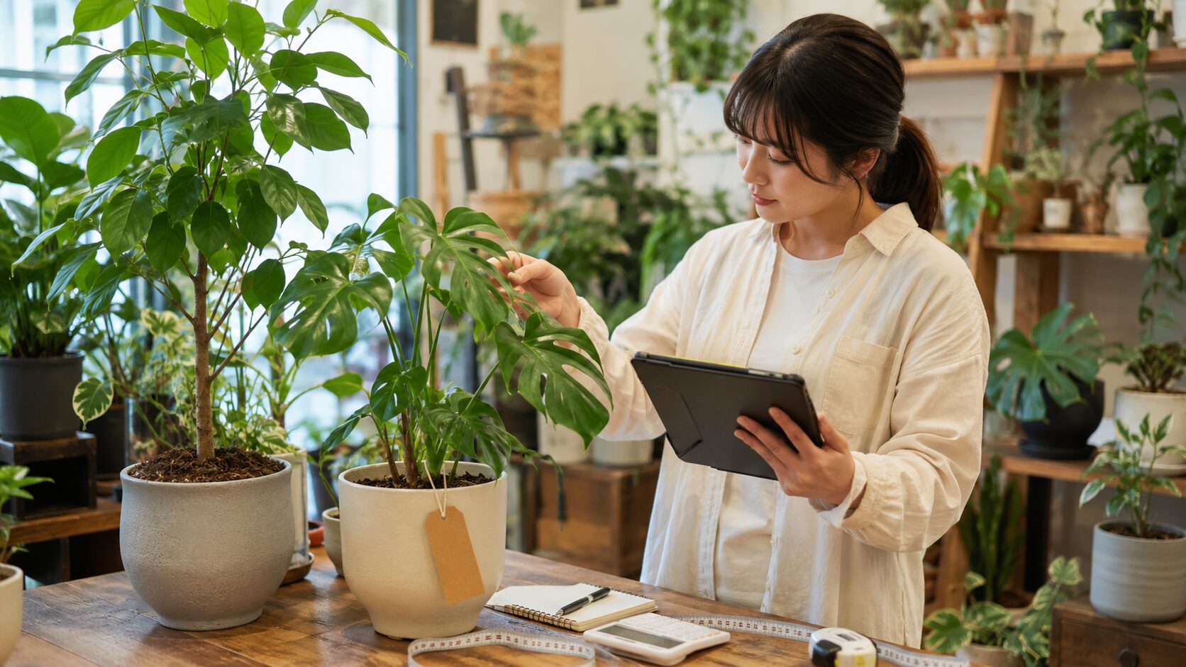 観葉植物の状態やサイズを確認し買取査定する女性