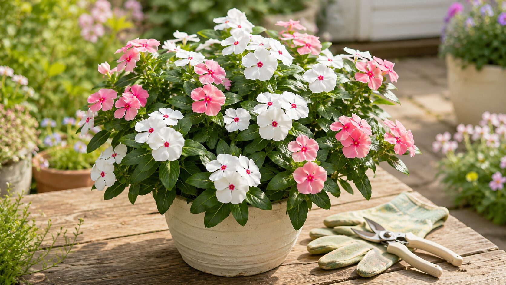 切り戻し後に株姿が整い白とピンクの花を咲かせる日々草