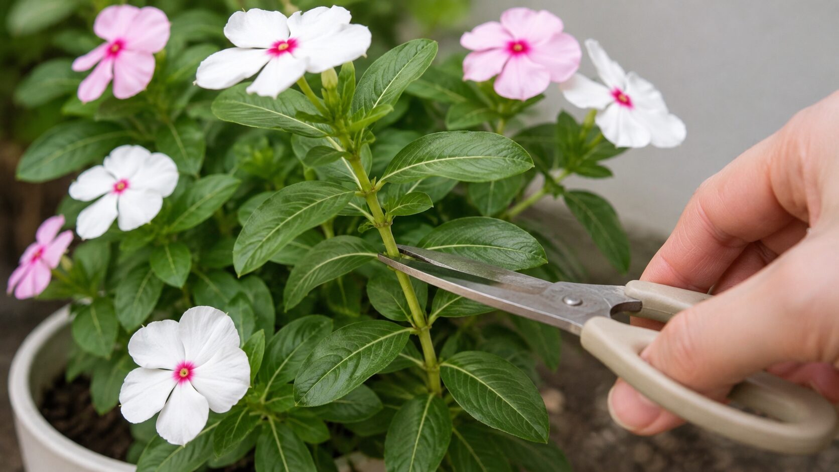 日々草の葉や脇芽を残した節の少し上を剪定ばさみで切る位置