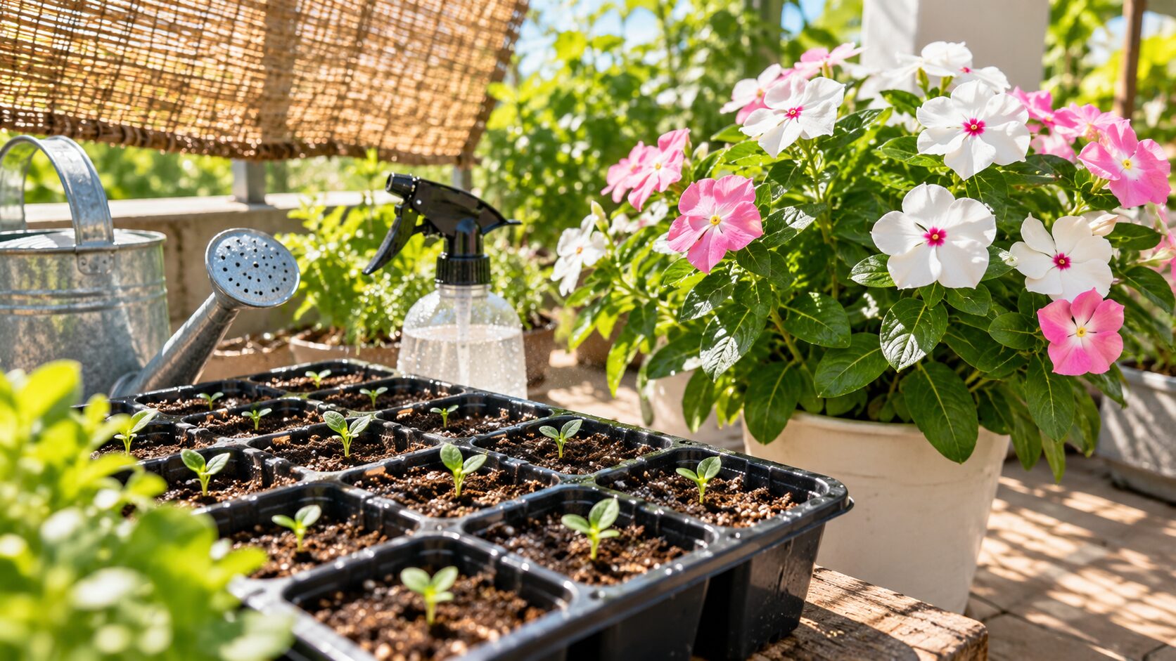 発芽した日々草の苗と花を咲かせた株を並べた成長イメージの写真