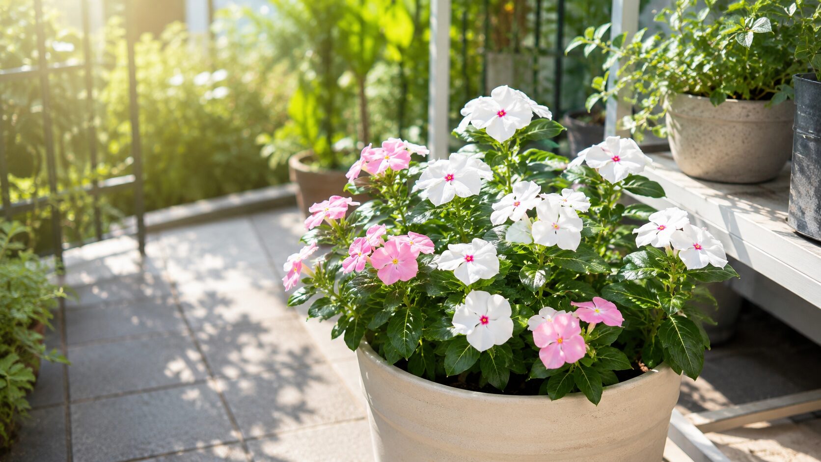 日当たりのよい場所で育つ白とピンクの日々草の鉢植え