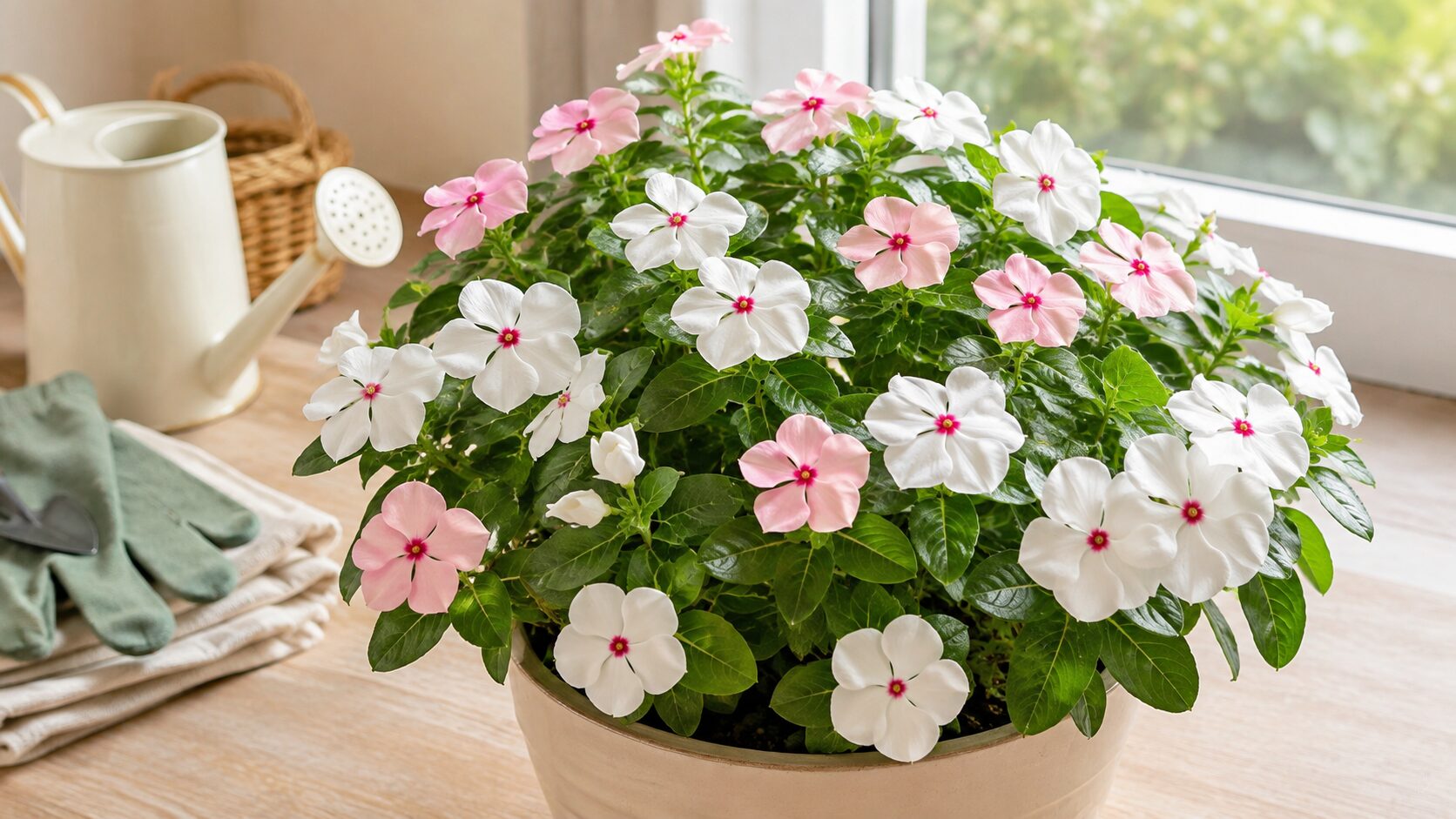 冬越し後も元気に花を咲かせる白とピンクの日々草の鉢植え