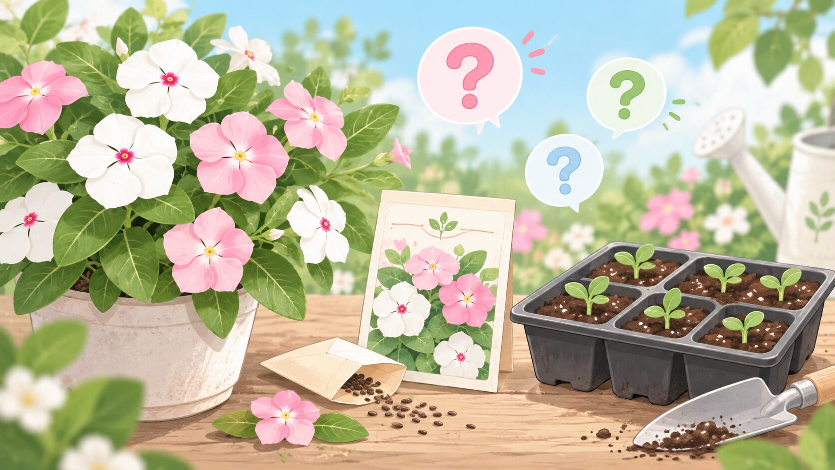 日々草の種まきに関する疑問をイメージしたやさしい雰囲気のイラスト