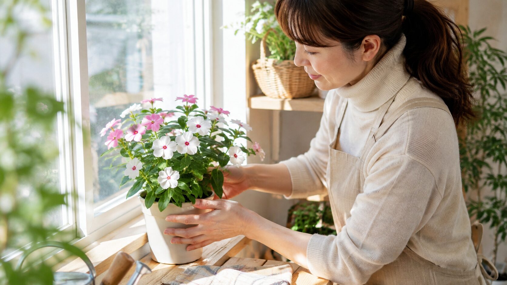 冬越しのため鉢植えの日々草を明るい室内の窓辺へ移す様子