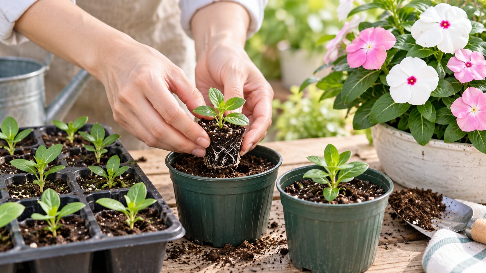 育った日々草の苗を育苗トレーからポットへ植え替えている様子