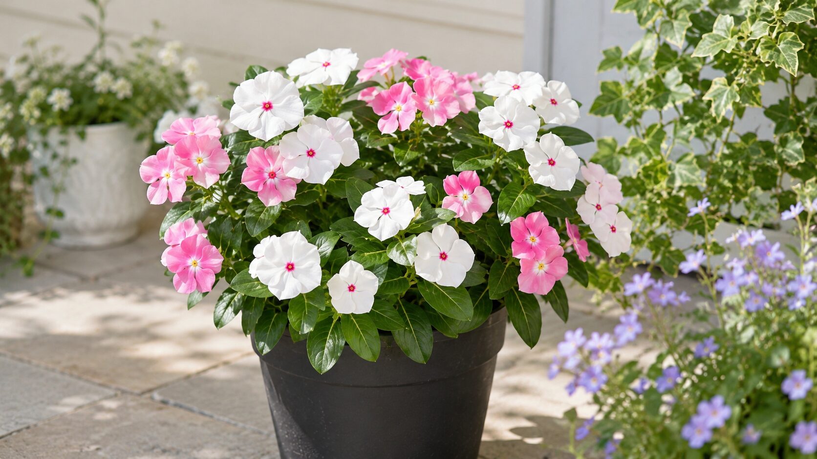 白とピンクの花をたくさん咲かせた日々草の鉢植え
