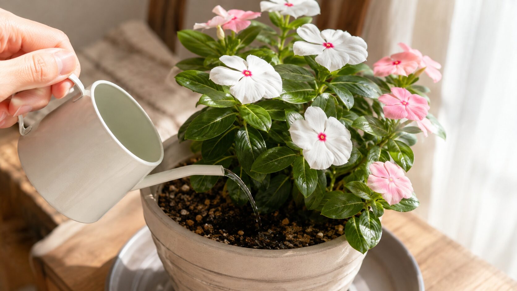 冬の室内で鉢植えの日々草にじょうろで水やりをする様子