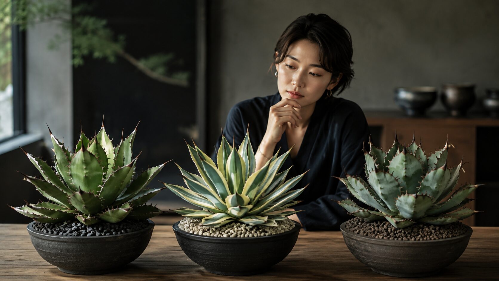 日本人女性が複数のアガベを見比べながら考えている、世界一高いアガベは断定できないことを表すイメージ写真
