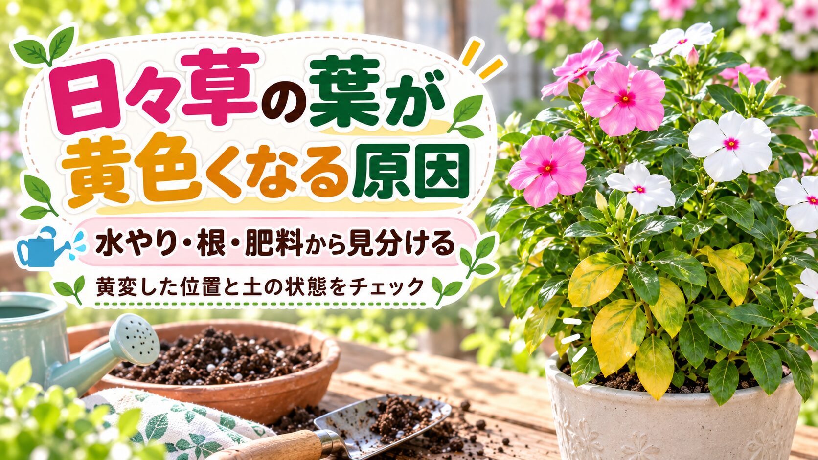 日々草の葉が黄色くなる原因を、水やり・根・肥料の見分け方とともに紹介するアイキャッチ画像