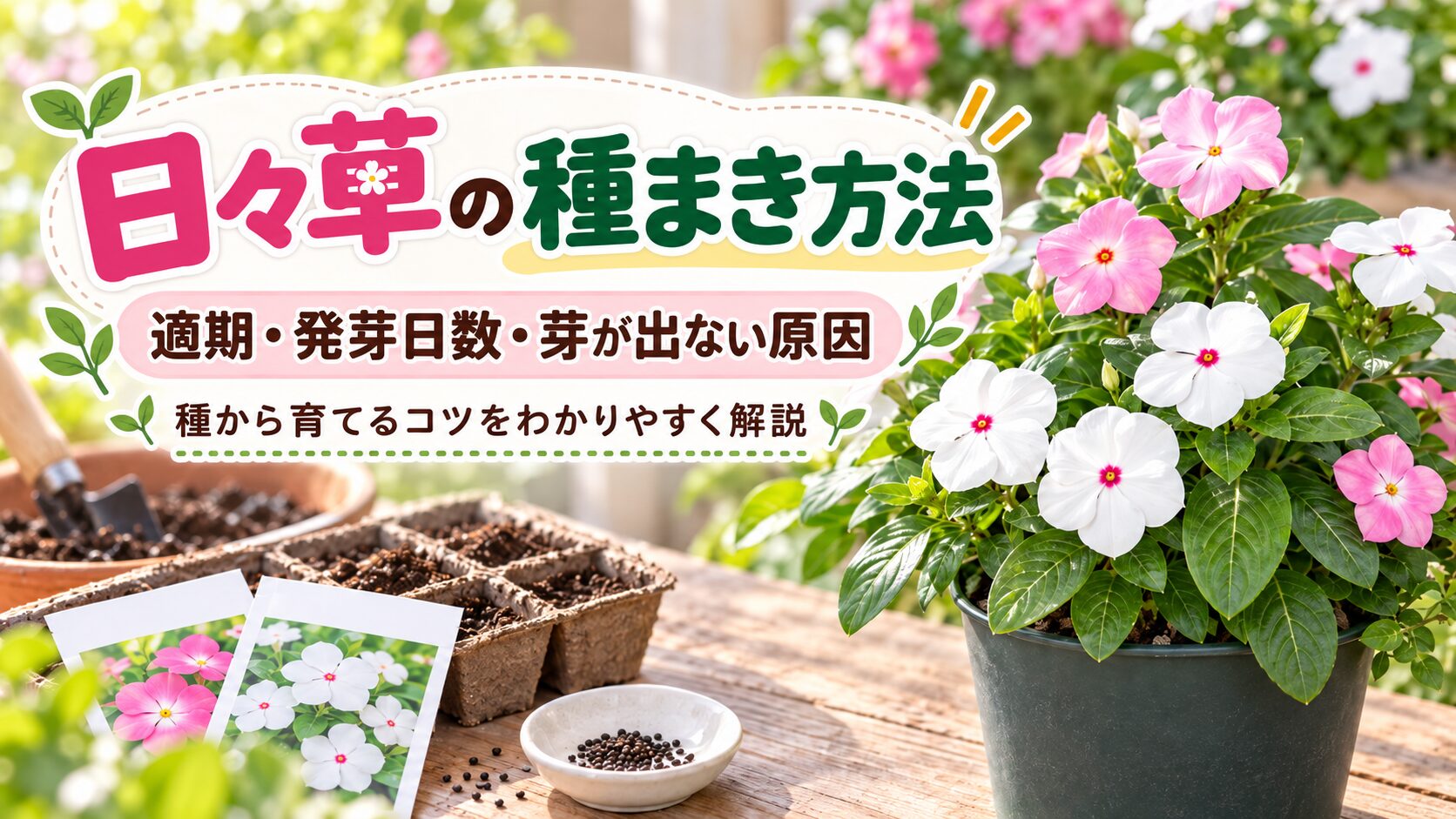 日々草の種まき方法を解説するアイキャッチ画像。白とピンクの日々草、育苗トレー、種、種袋とともに、適期・発芽日数・芽が出ない原因を紹介している