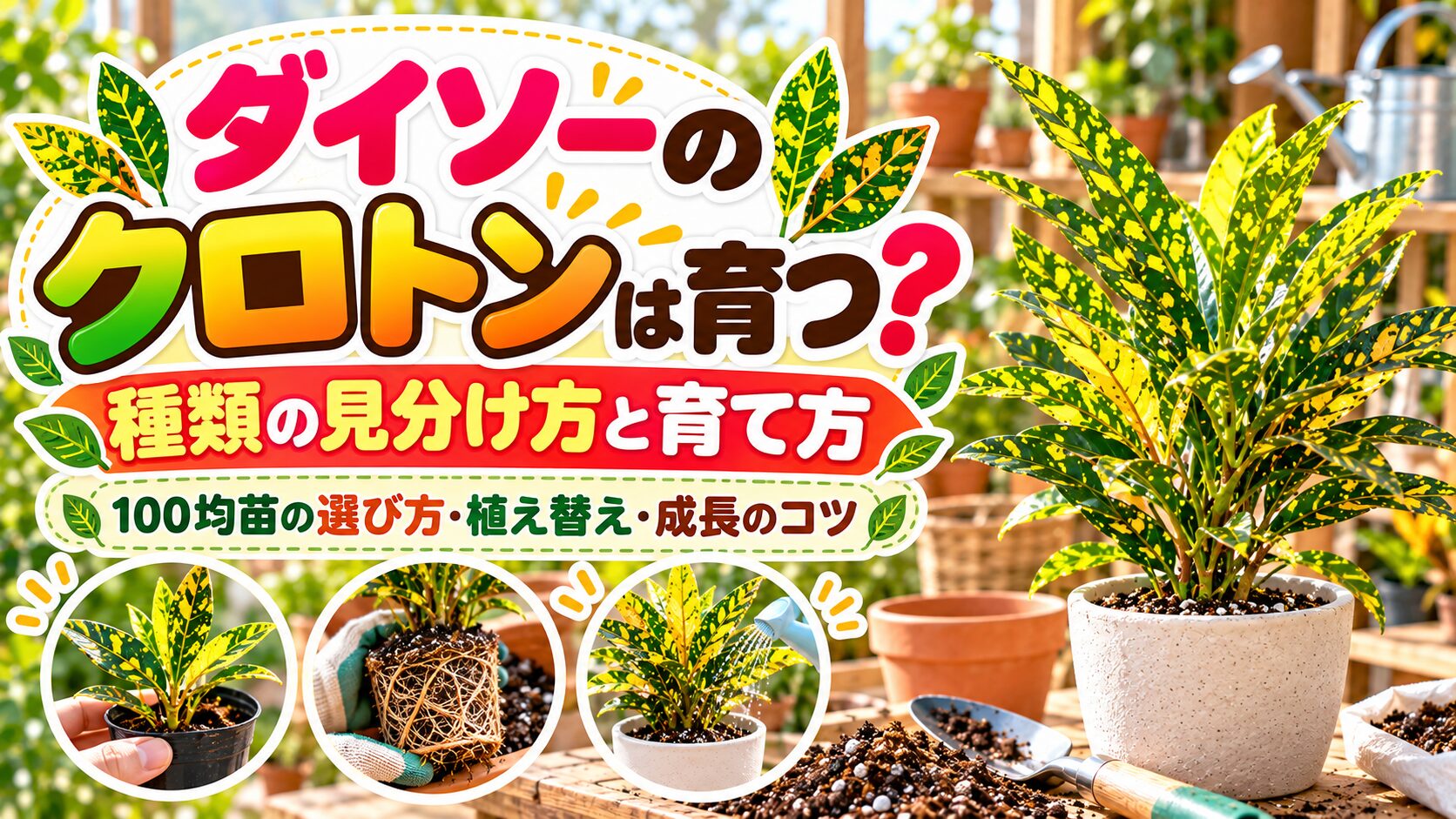 ダイソーのクロトンは育つ？種類の見分け方と育て方、100均苗の選び方・植え替え・成長のコツを紹介するアイキャッチ画像