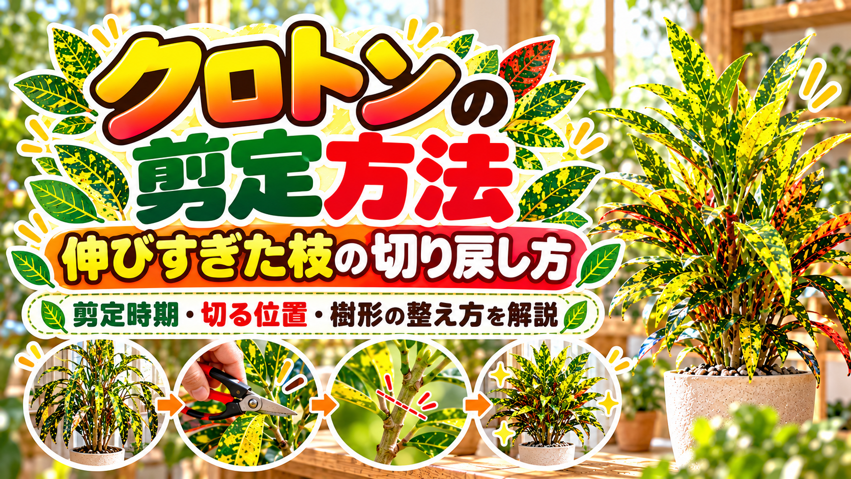 クロトンの剪定方法と伸びすぎた枝の切り戻し方を解説するアイキャッチ画像