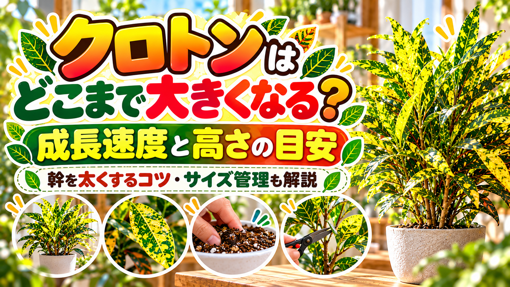 クロトンはどこまで大きくなる？成長速度と高さの目安、幹を太くするコツやサイズ管理を紹介するアイキャッチ画像