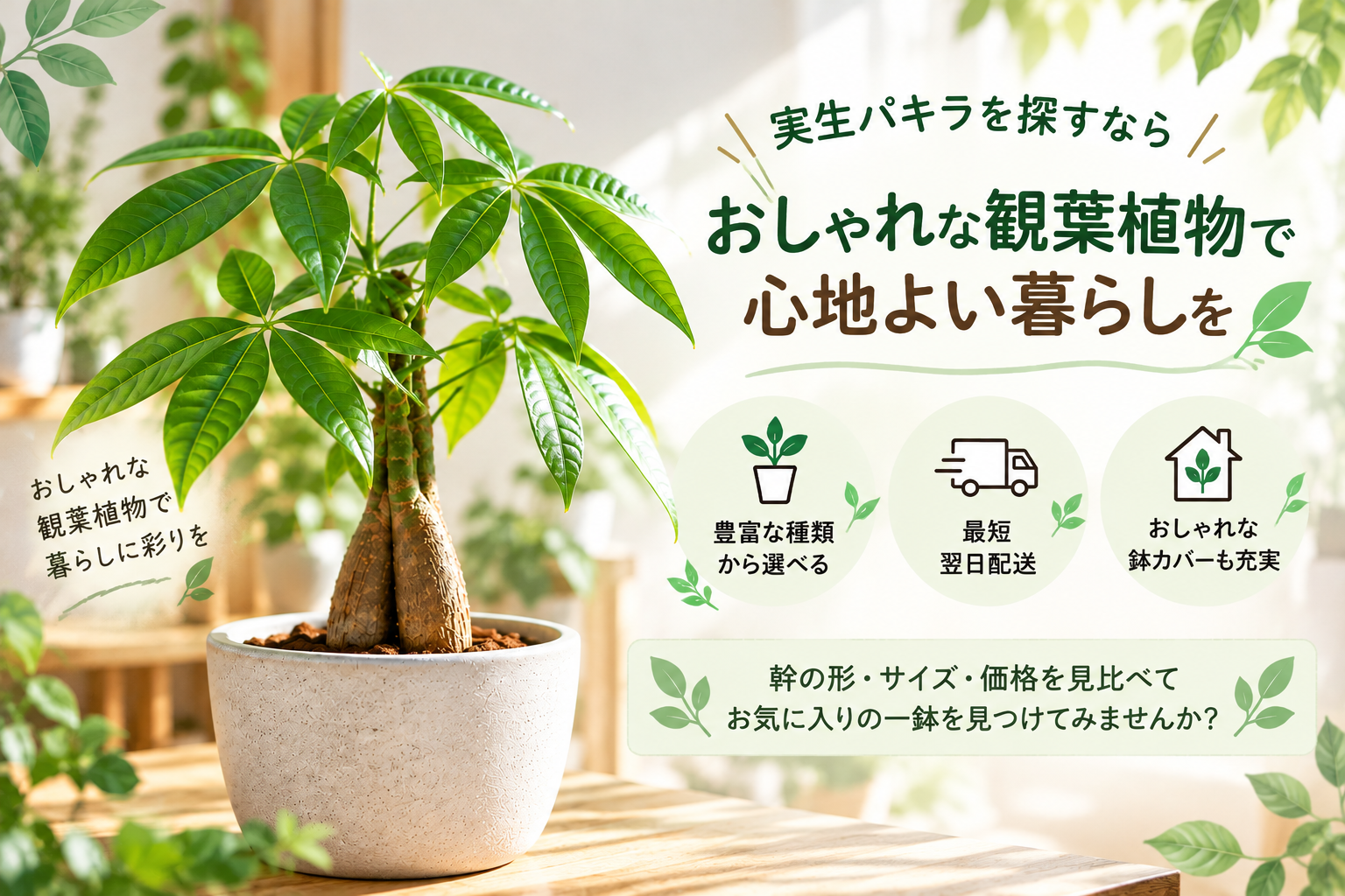 パキラの鉢植えと観葉植物の選び方を紹介するイメージ画像